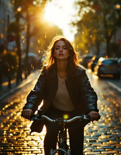 Editorial portrait of a sun-lit female cyclist crossing a wet Berlin cobbleston…
