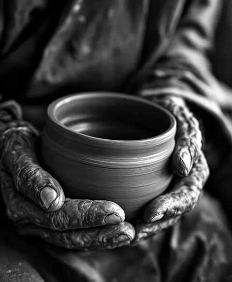 Close-up documentary portrait of elderly craftsman's weathered hands holding ha…