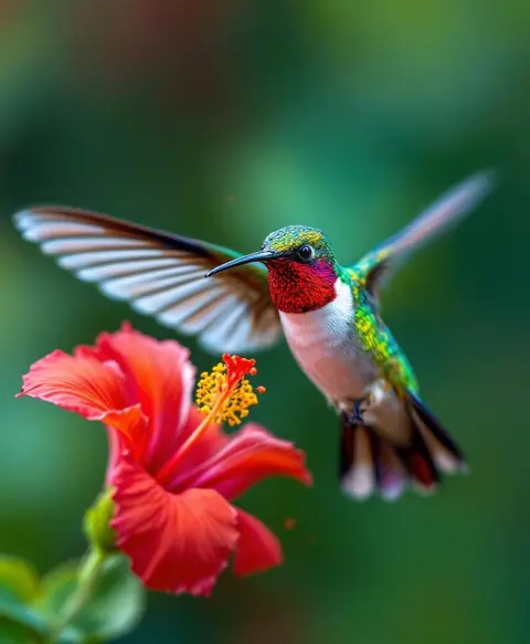 Macro capture of a ruby-throated hummingbird hovering at a hibiscus flower, win…