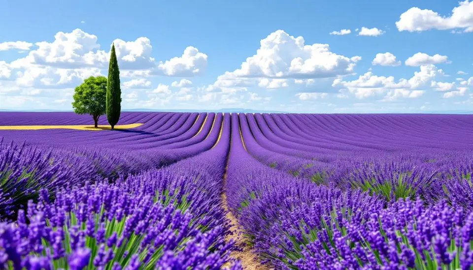 Endless rows of lavender field in Provence converging to vanishing point, singl…