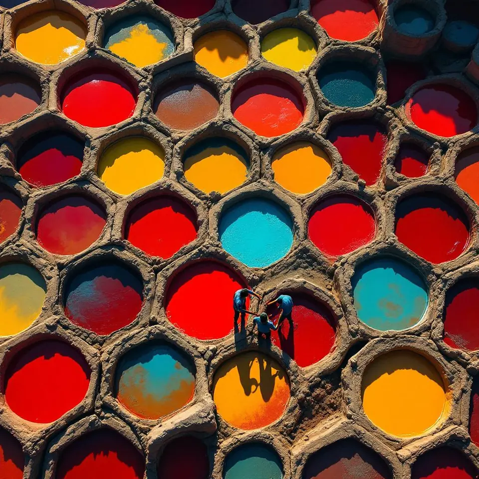 Aerial view of Fez Chouara Tannery, honeycomb of circular dye pits filled with…