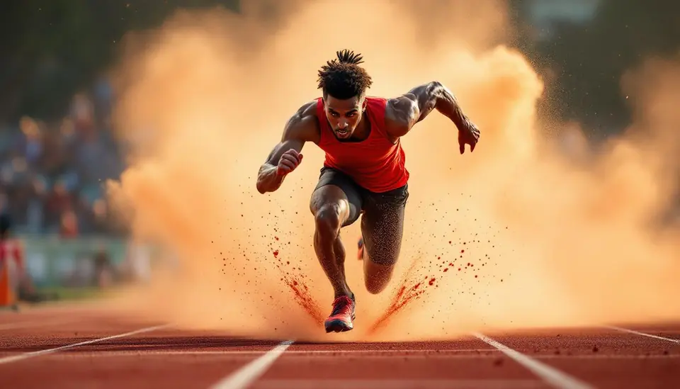 Sprinter exploding off blocks on red clay track, dust cloud kicked up behind, h…