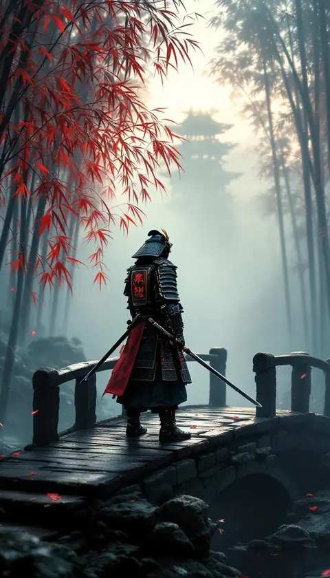 Edo-period samurai in full o-yoroi armour standing on stone bridge in misty bam…
