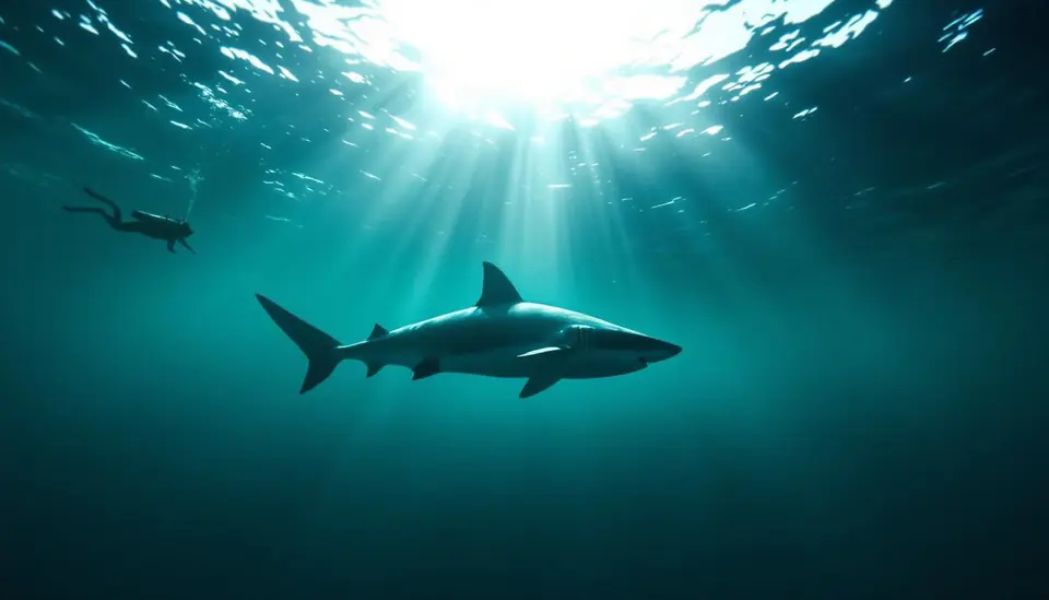 Great white shark silhouette from below against sun-dappled surface, shafts of…
