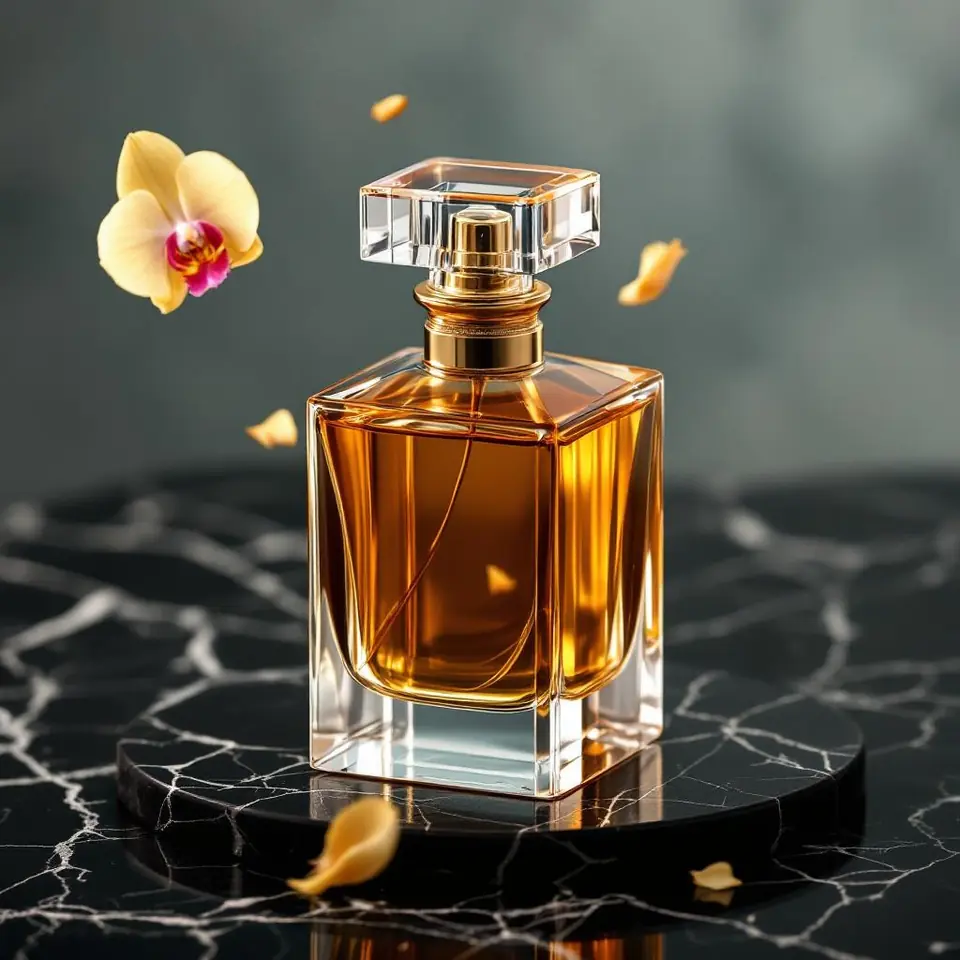 Luxury crystal perfume bottle with amber liquid on polished black marble, rim-l…
