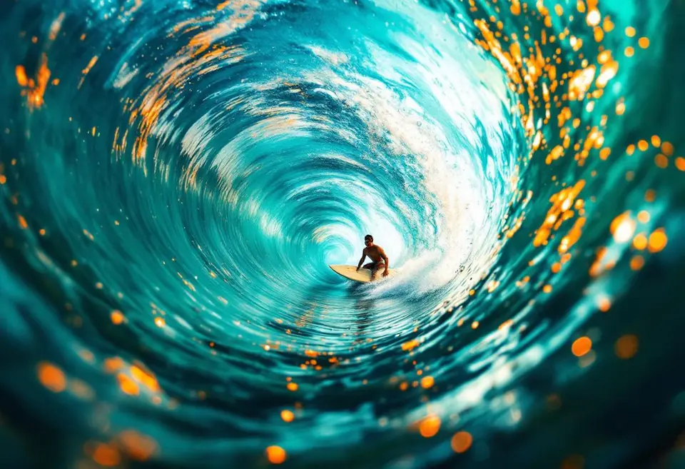 Surfer deep inside a glassy Pipeline barrel at Oahu, water curtain refracting t…
