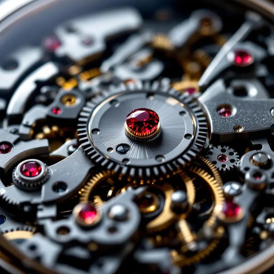 Ultra-macro photograph of exposed mechanical watch movement, Patek Philippe-tie…