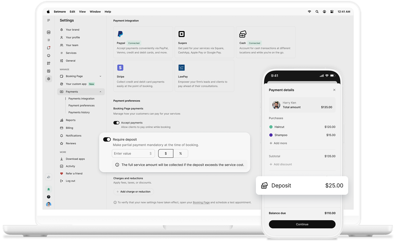 setmore deposits on desktop and mobile