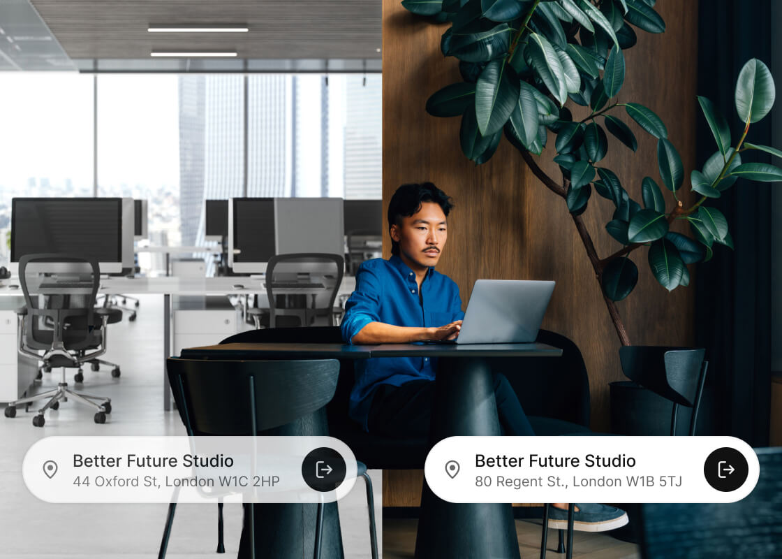 man working on his laptop in two locations