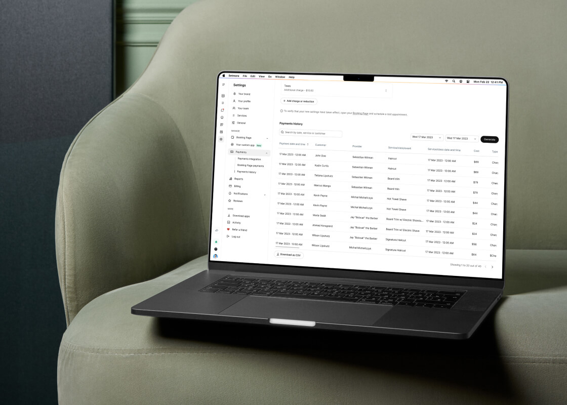setmore payments history on desktop screen