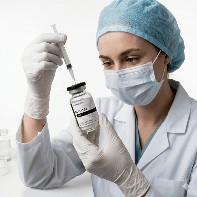 A medical professional in lab attire preparing a dose from a BPC-157 research vial in a clinical laboratory setting.