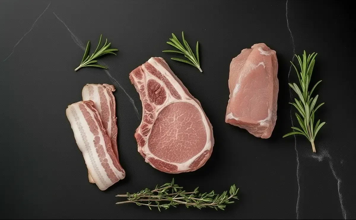 suine.webp Pezzi di maiale freschi (bacon, costoletta, filetto) con rosmarino e timo, ingredienti per un pasto delizioso.
