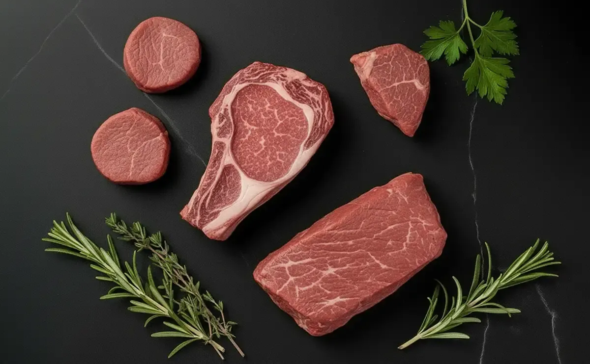 bovine.webp Un assortimento pregiato di tagli di manzo fresco e aromatiche erbe su sfondo scuro.