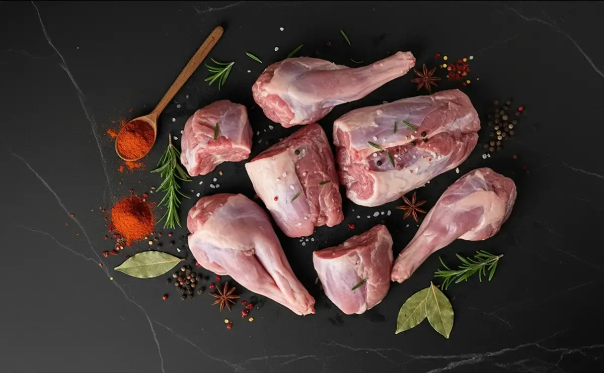 cunicole.webp Tagli di agnello freschi con spezie aromatiche e rosmarino su fondo nero marmorizzato, pronti per la cottura.