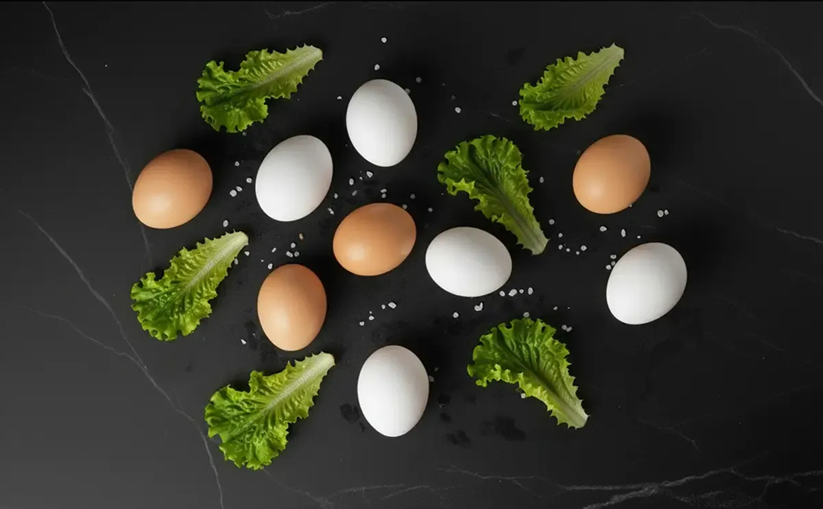 uova.webp Ingredienti freschi: uova di campagna e lattuga verde su marmo nero.