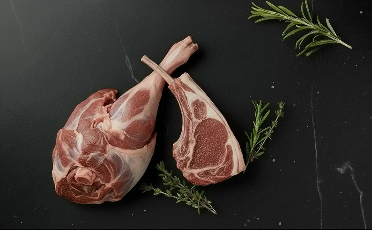 ovicaprine 1.webp Agnello crudo con spezie colorate ed erbe aromatiche. Ingredienti freschi per un pasto ricco di sapore.