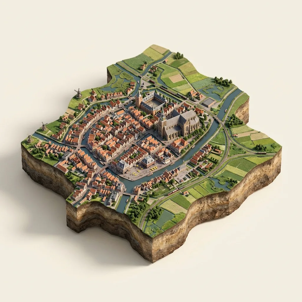 Alkmaras — 3D žemėlapio diorama su būdingais orientyrais