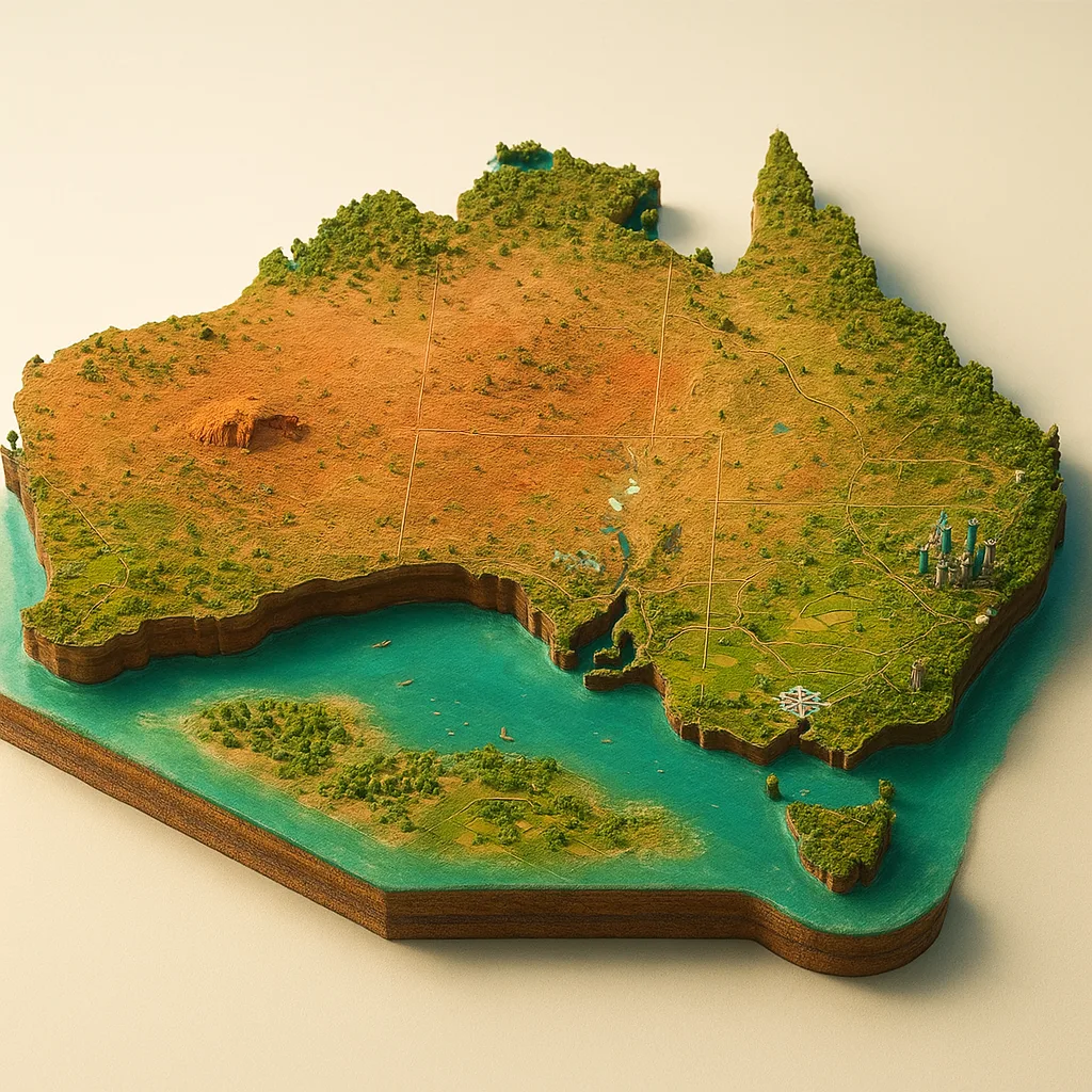 Australija — 3D žemėlapio diorama su būdingais orientyrais