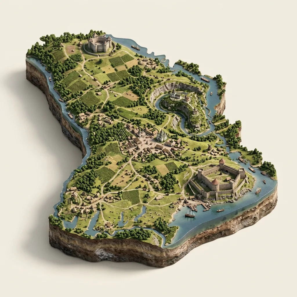 Besarabija — 3D žemėlapio diorama su būdingais orientyrais