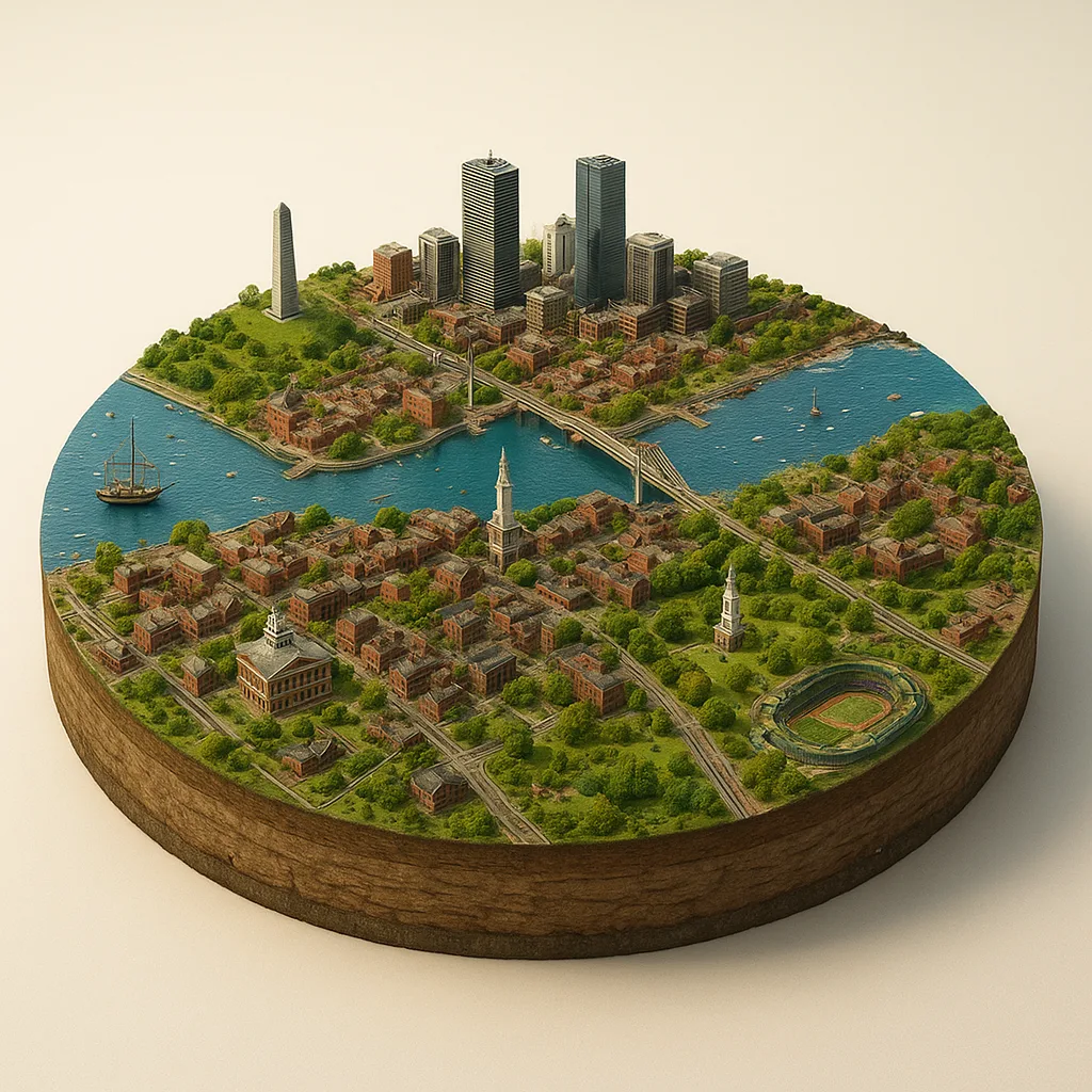 Bostonas — 3D žemėlapio diorama su būdingais orientyrais