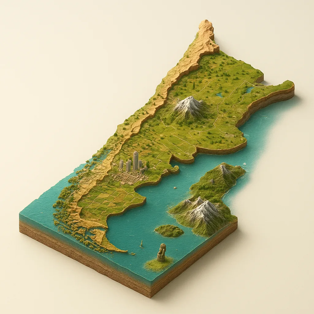 Čilė — 3D žemėlapio diorama su būdingais orientyrais