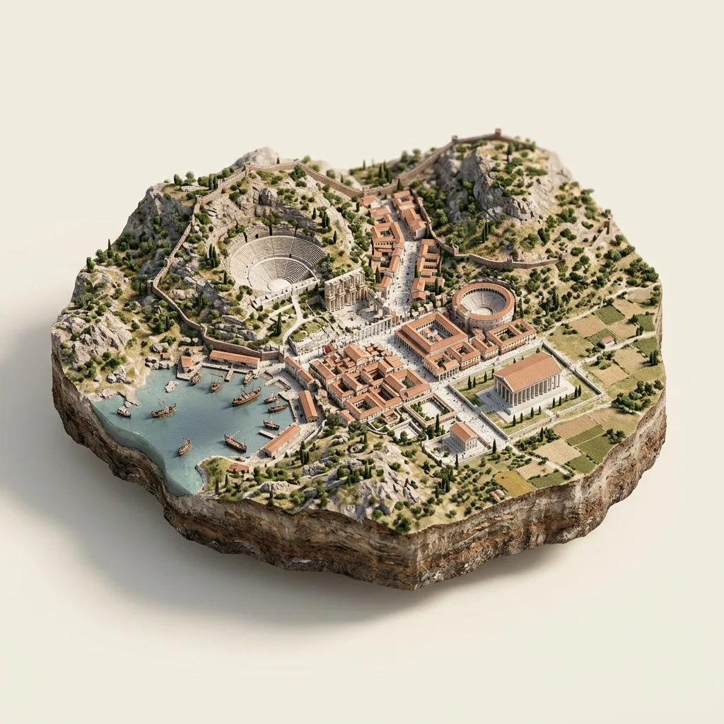 Efesas — 3D žemėlapio diorama su būdingais orientyrais