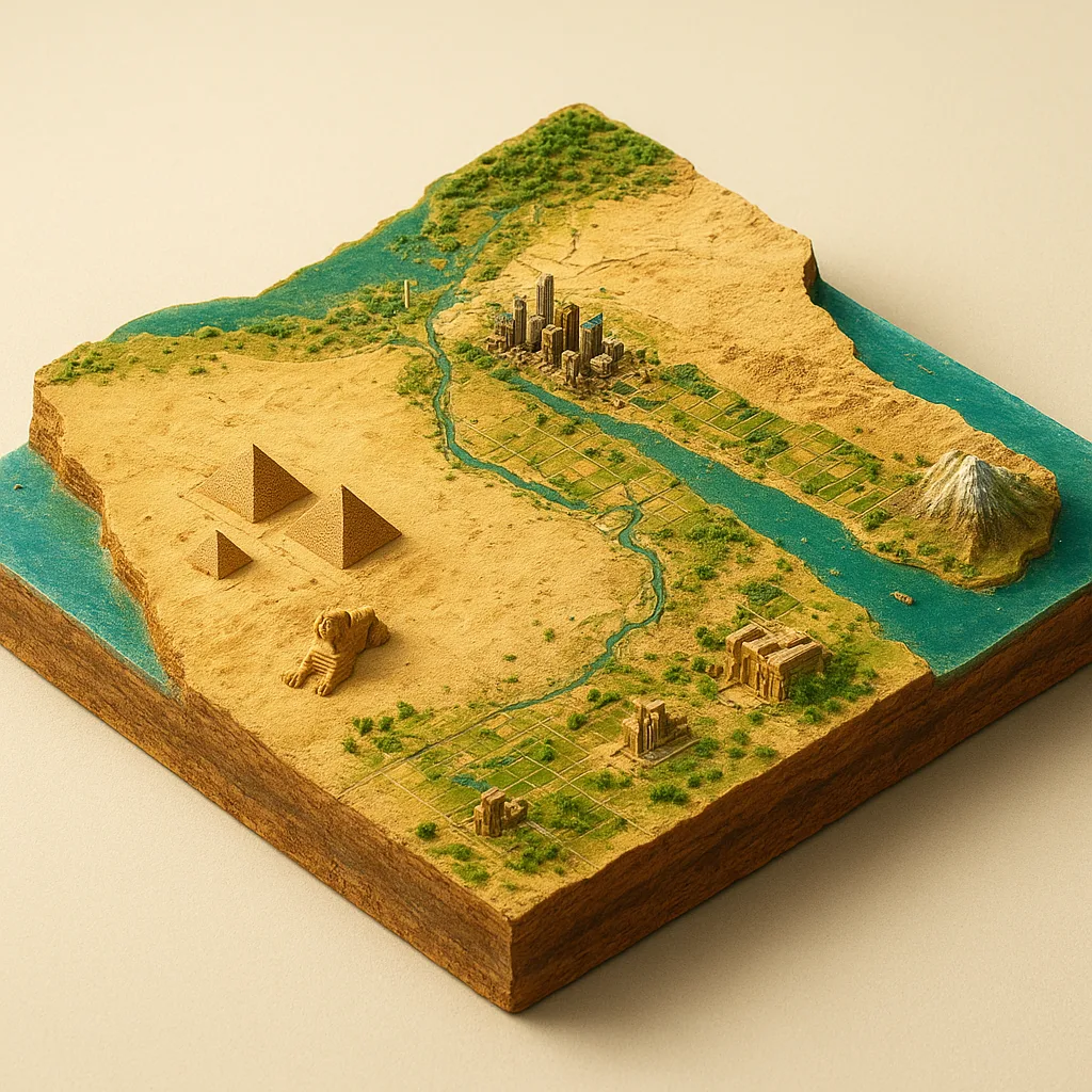 Egiptas — 3D žemėlapio diorama su būdingais orientyrais