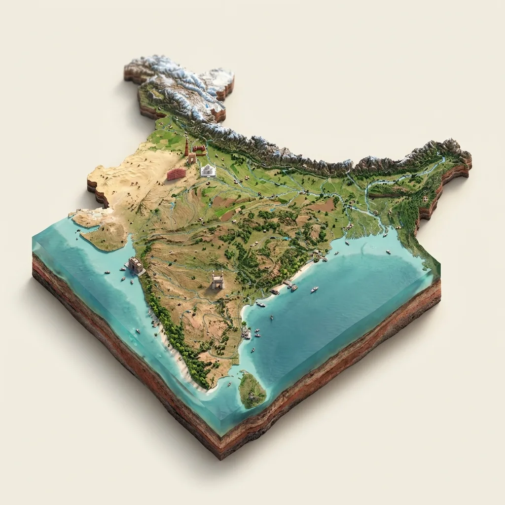 Indija — 3D žemėlapio diorama su būdingais orientyrais