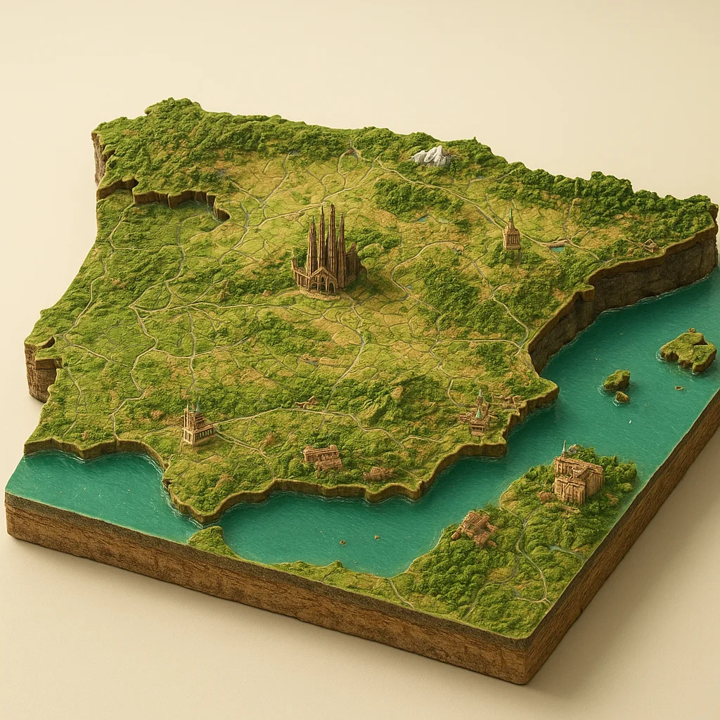 Ispanija — 3D žemėlapio diorama su būdingais orientyrais