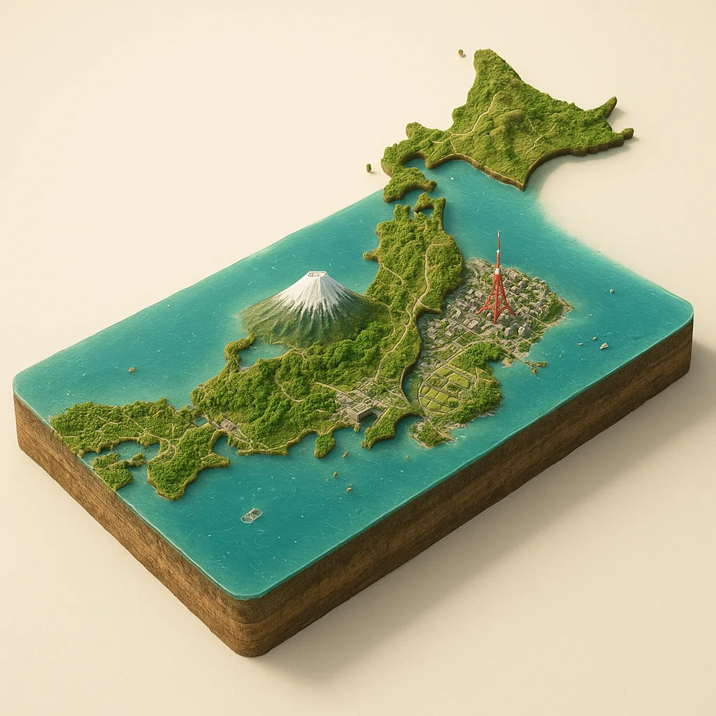 Japonija — 3D žemėlapio diorama su būdingais orientyrais