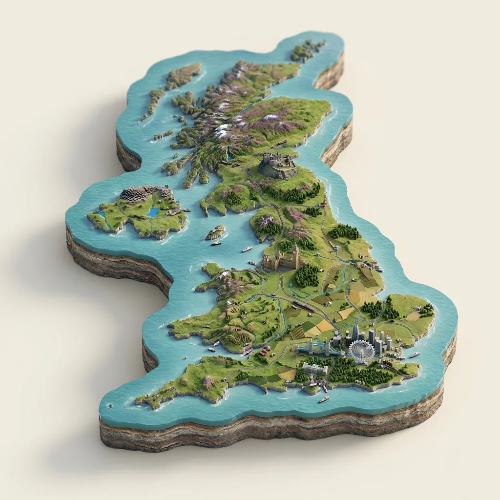 Jungtinė Karalystė — 3D žemėlapio diorama su būdingais orientyrais