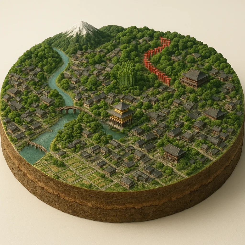 Kiotas — 3D žemėlapio diorama su būdingais orientyrais