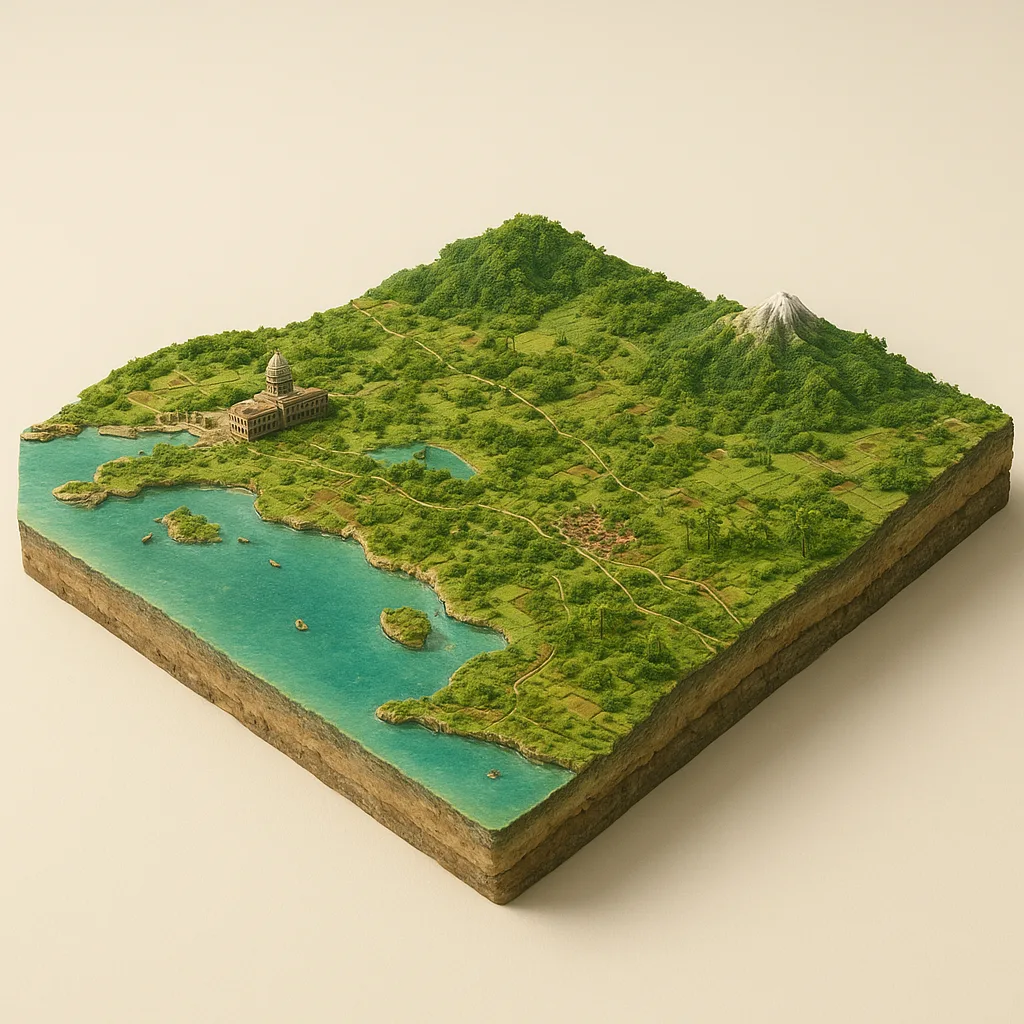 Kuba — 3D žemėlapio diorama su būdingais orientyrais