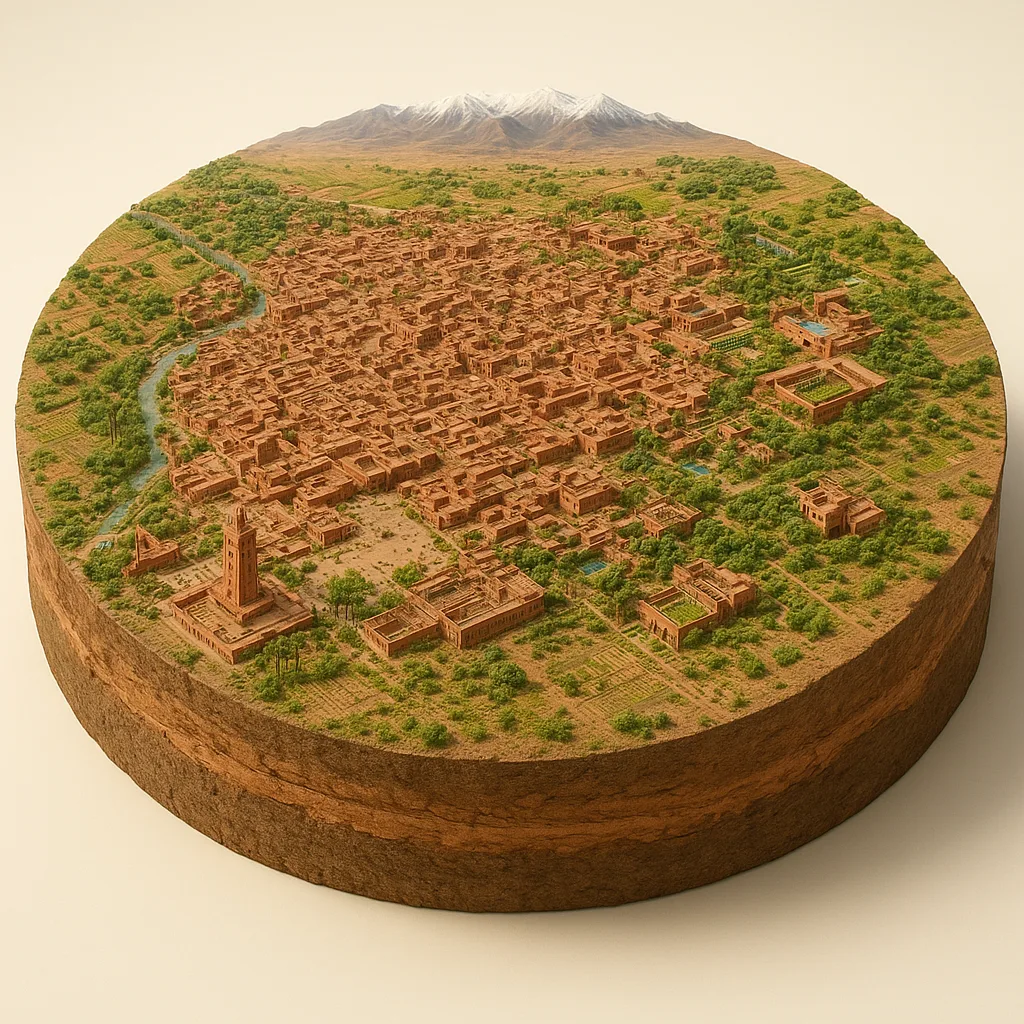 Marakešas — 3D žemėlapio diorama su būdingais orientyrais