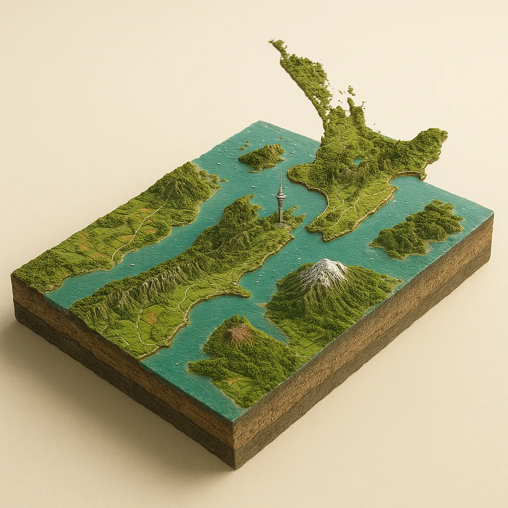 Naujoji Zelandija — 3D žemėlapio diorama su būdingais orientyrais