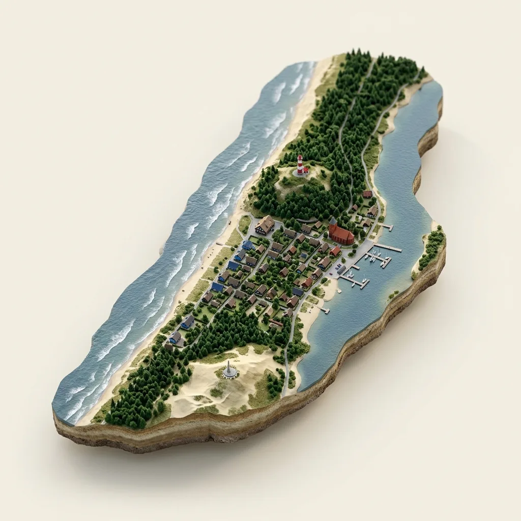Nida — 3D žemėlapio diorama su būdingais orientyrais