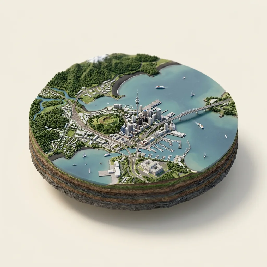Oklandas — 3D žemėlapio diorama su būdingais orientyrais