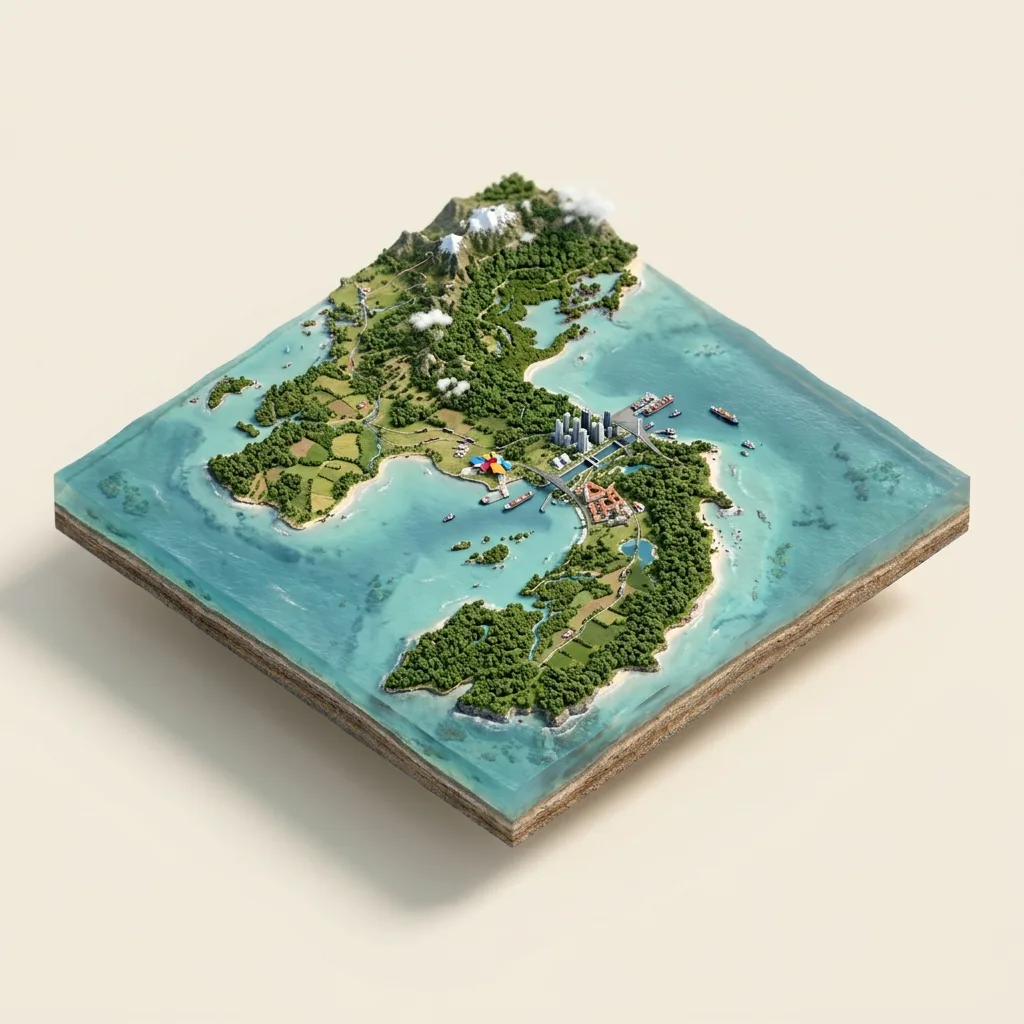 Panama — 3D žemėlapio diorama su būdingais orientyrais