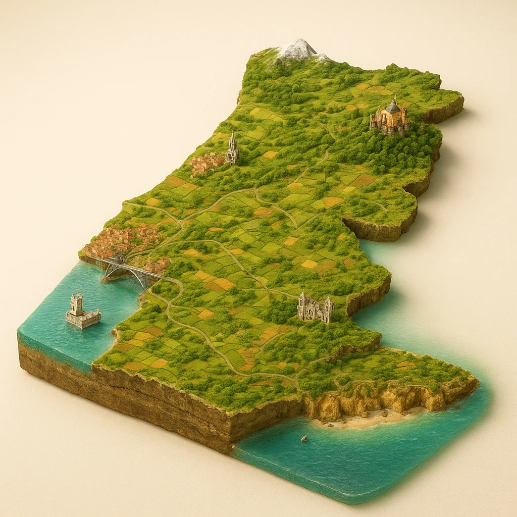 Portugalija — 3D žemėlapio diorama su būdingais orientyrais