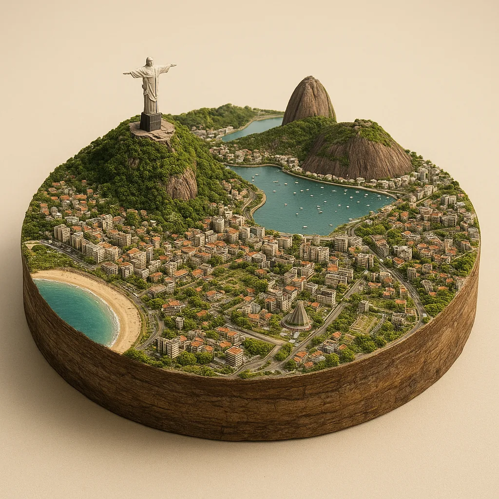 Rio de Žaneiras — 3D žemėlapio diorama su būdingais orientyrais