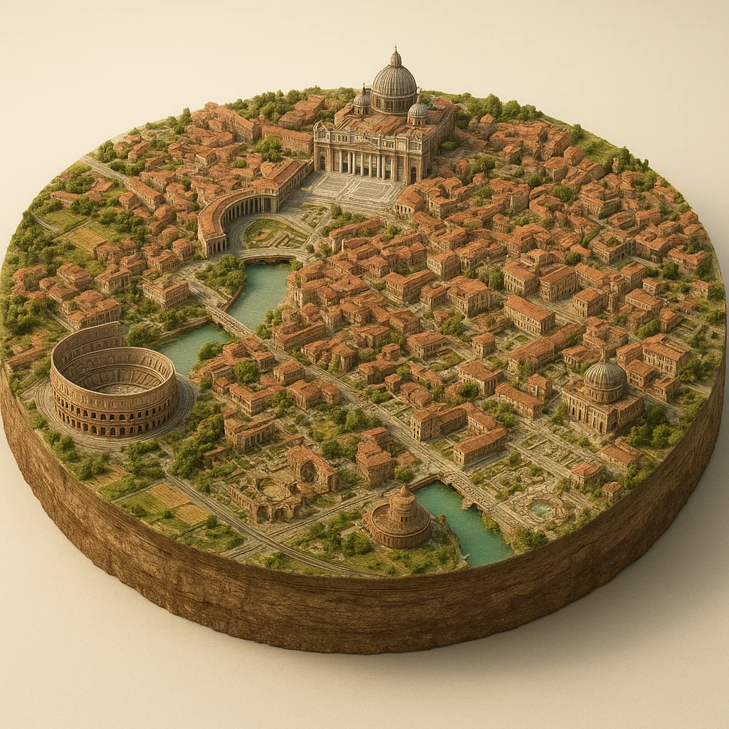 Roma — 3D žemėlapio diorama su būdingais orientyrais