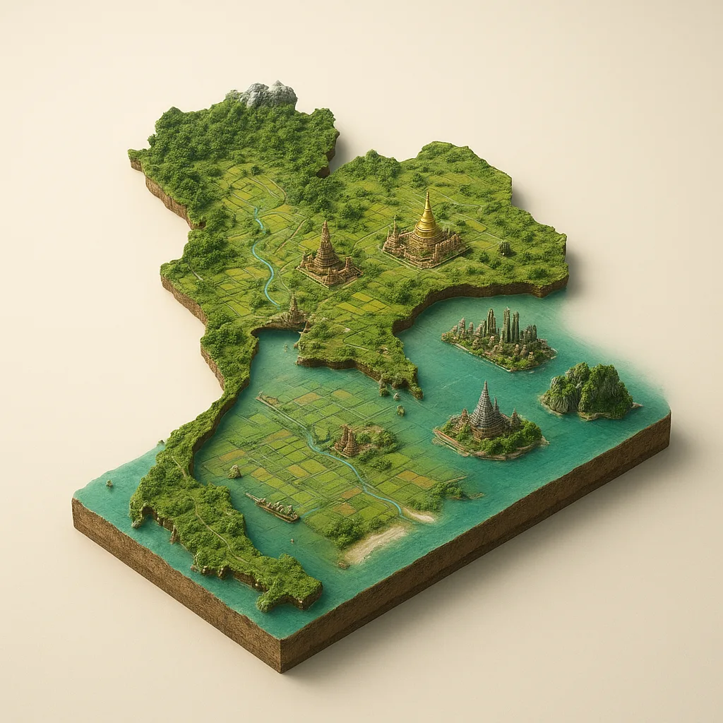 Tailandas — 3D žemėlapio diorama su būdingais orientyrais
