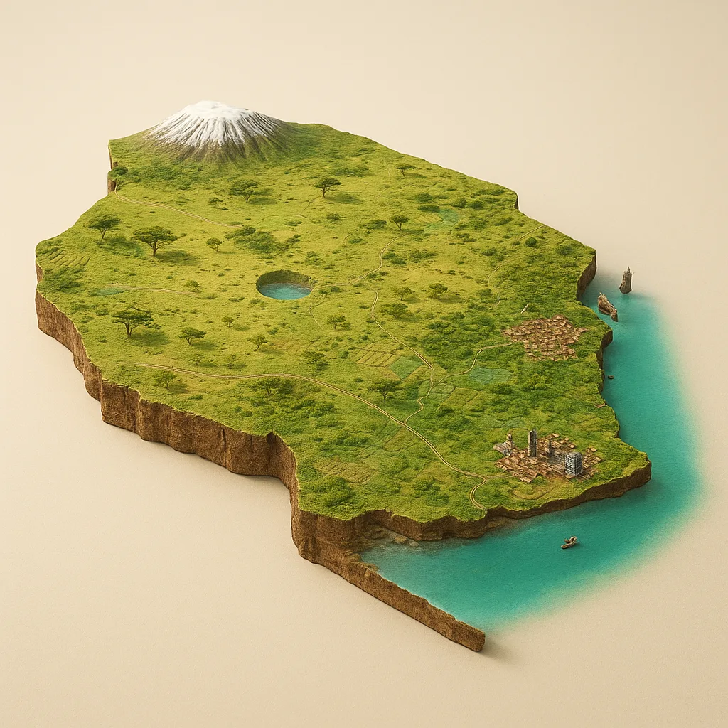 Tanzanija — 3D žemėlapio diorama su būdingais orientyrais