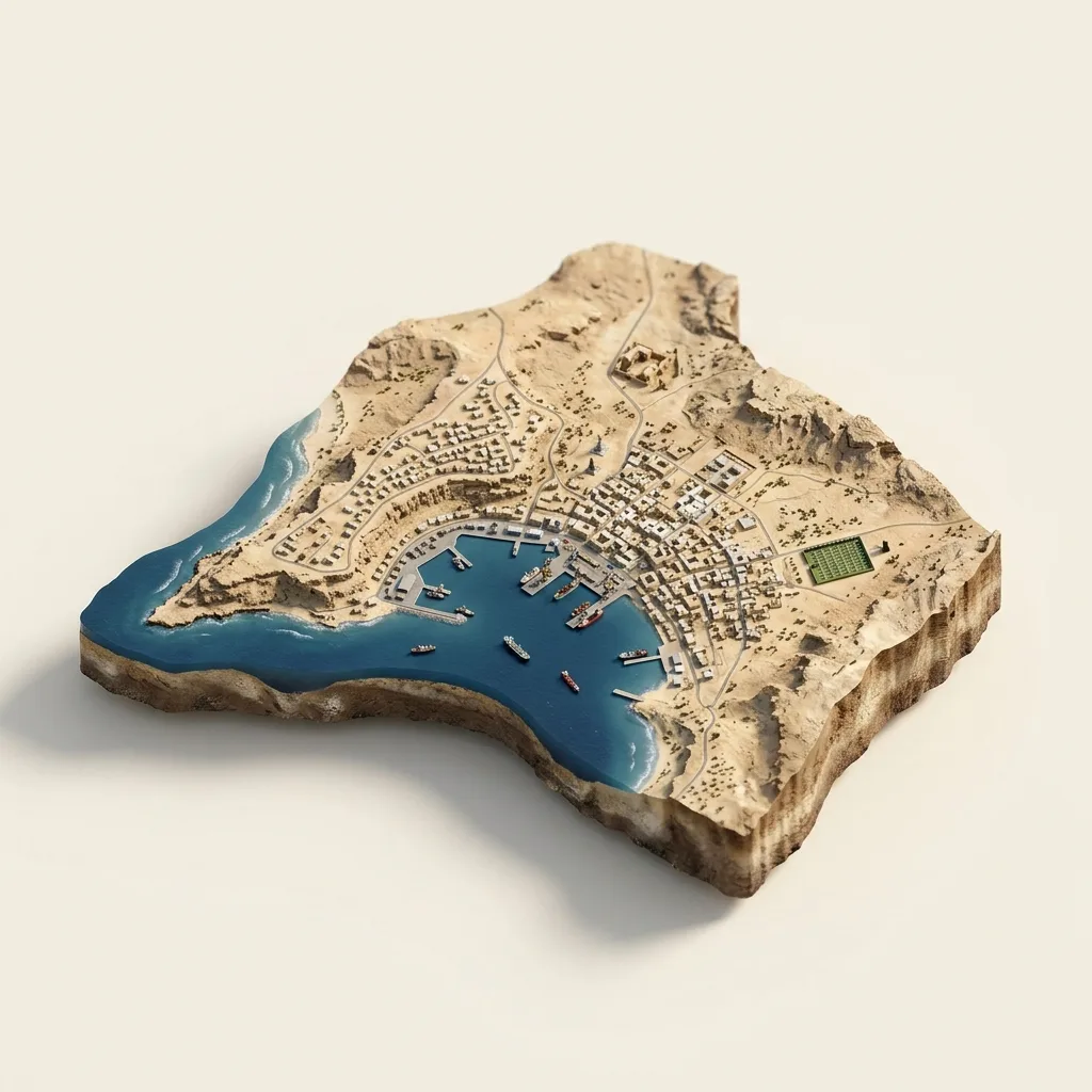 Tobrukas — 3D žemėlapio diorama su būdingais orientyrais