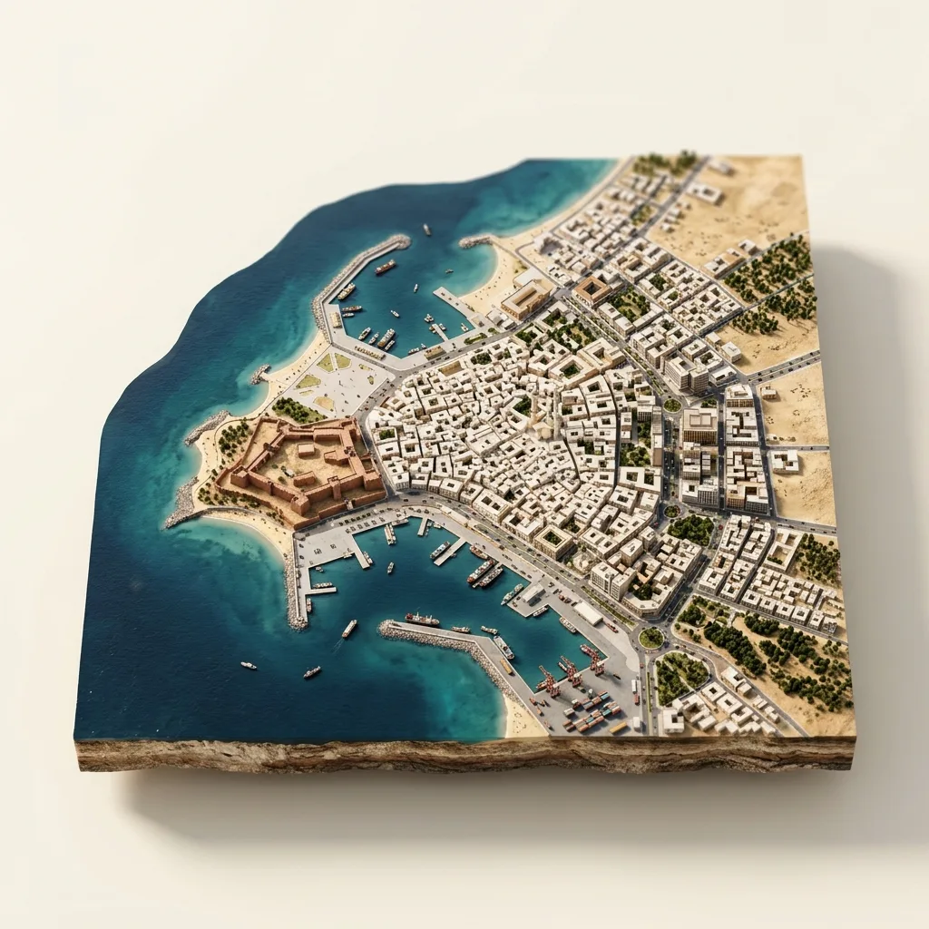 Tripolis — 3D žemėlapio diorama su būdingais orientyrais