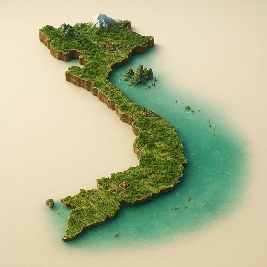 Vietnamas — 3D žemėlapio diorama su būdingais orientyrais