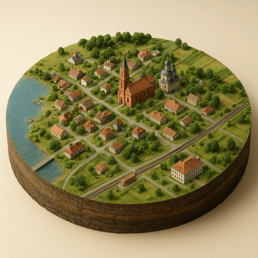 Vievis — 3D žemėlapio diorama su būdingais orientyrais