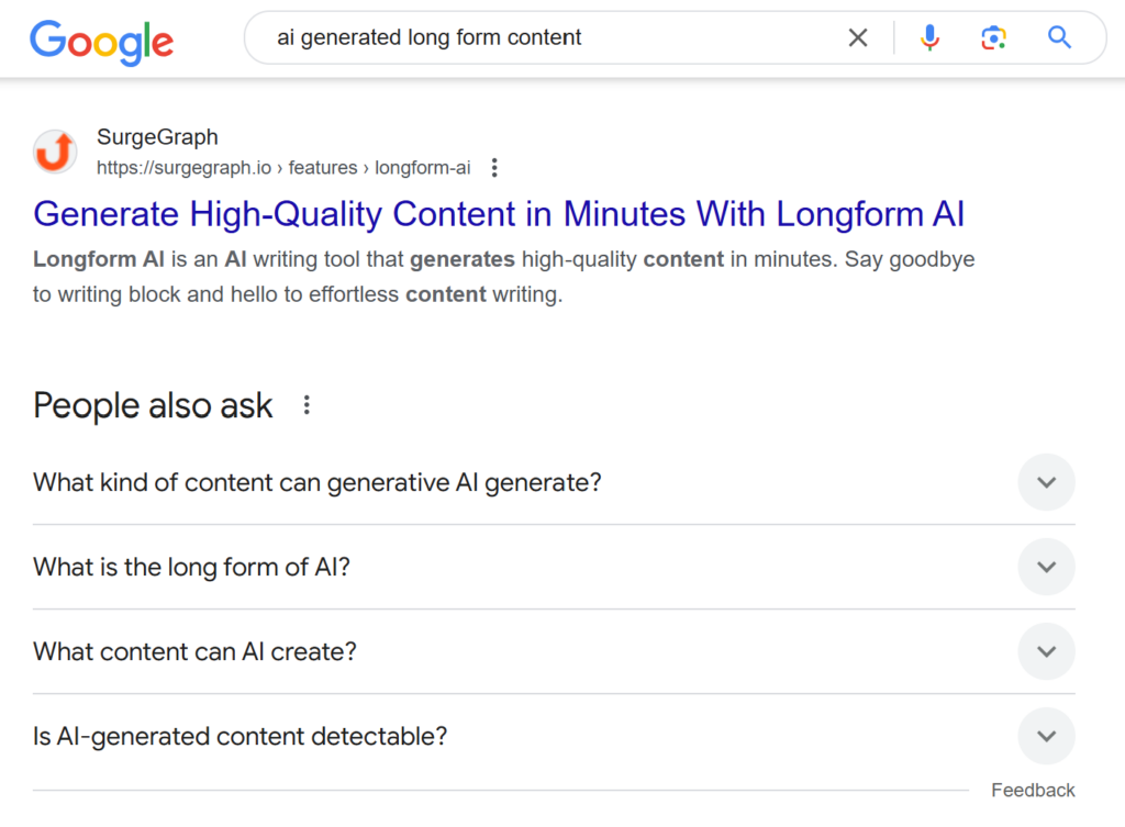 SurgeGraph's website is ranked number one in Google's organic search results.