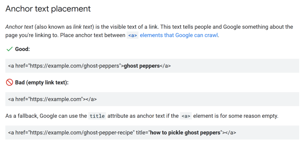 This excerpt from Google's Search Central documentation shows how to use anchor text effectively