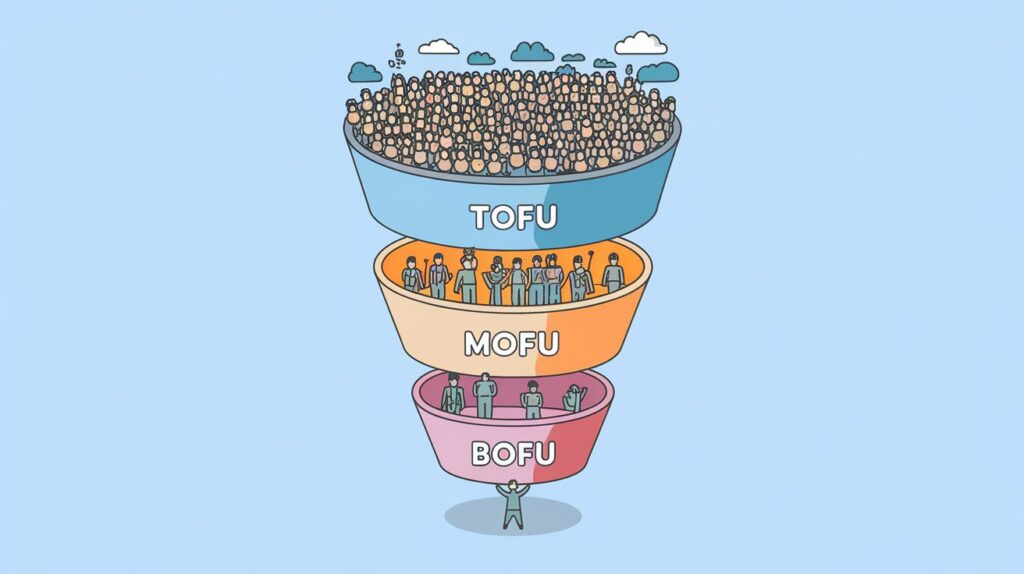 The essential stages of a content marketing funnel: TOFU (Top of Funnel), MOFU (Middle of Funnel), and BOFU (Bottom of Funnel).